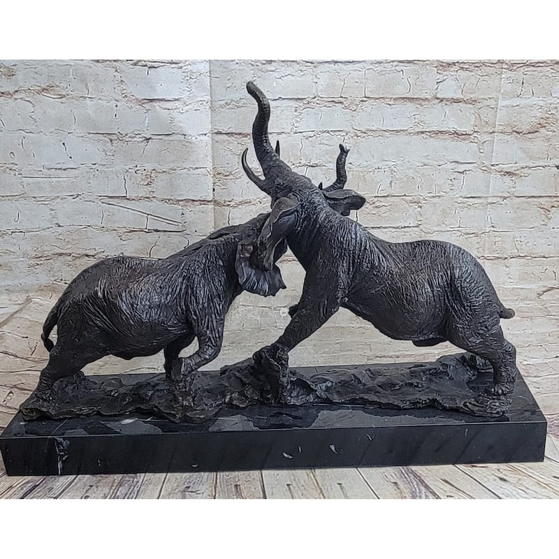Imitative Elephants In Battle Bronze Sculpture Hot Cast Marble Base Figurine Wild Life Art