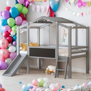 Twin Size Loft Bed with Ladder and Slide with Blackboard and Light Strip
