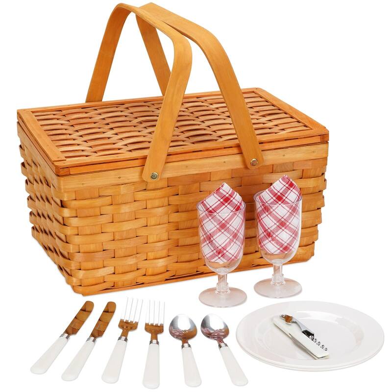 Picnic Basket Set for 2 Persons, Woven Woodchip Basket with Folding Handles & Lid, Red and White Gingham Lining Basket