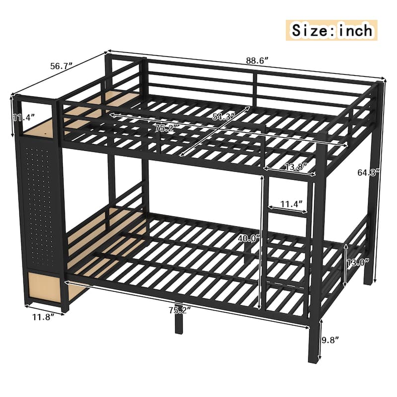 Multifunctional Full Over Full Bunk Bed for Teens with Built-in Wardrobe, Open Shelf, Drawers and Pegboard, Metal Bed Frame