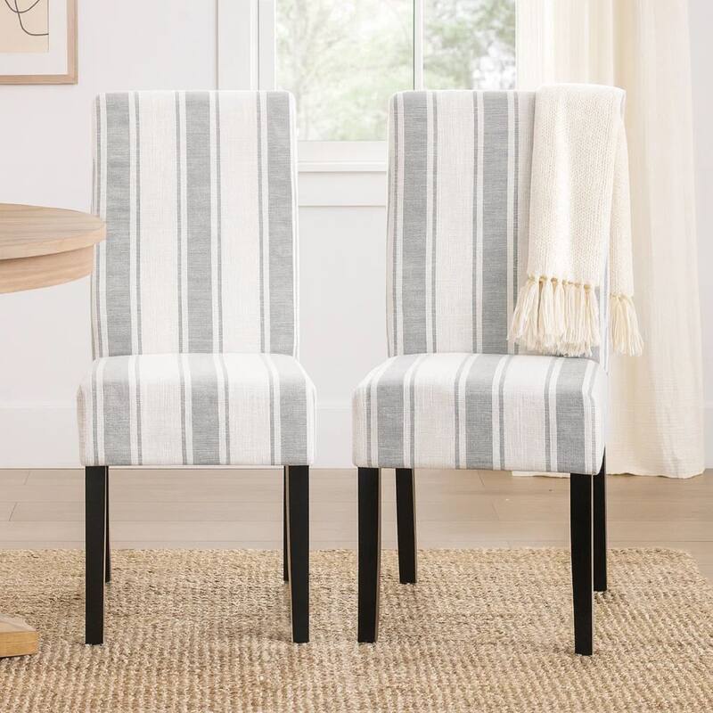Dinner Chair Set of 2, Retro Style Armless Design, White Gray Stripes