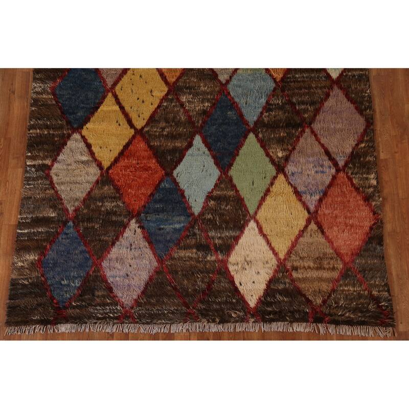 Hand Knotted Oriental 100% Wool Carpet Tribal Trellis Brown Moroccan Area Rug - 9' 4'' X 6' 11''