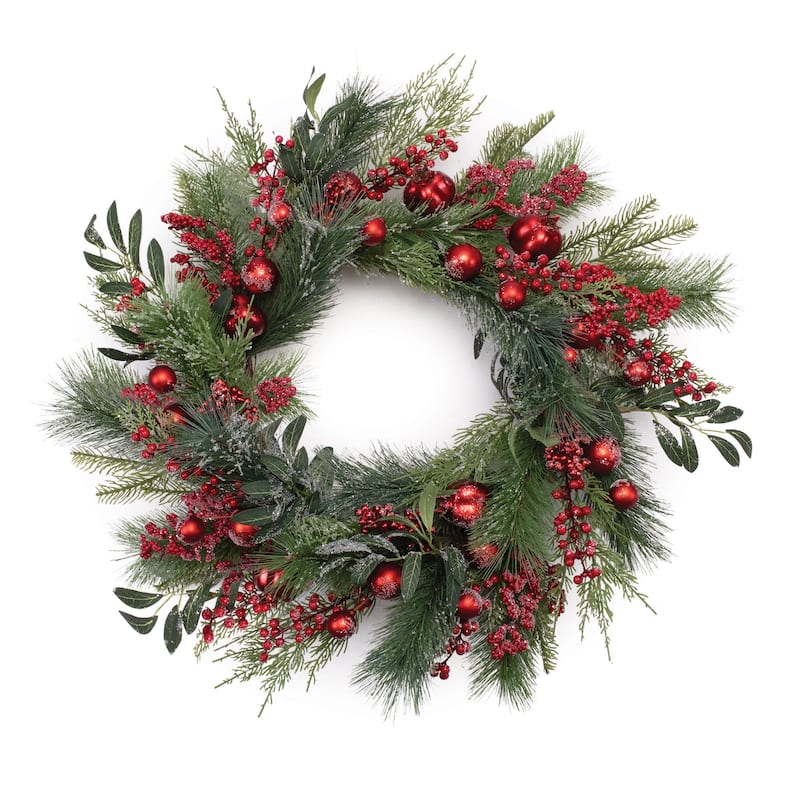 Plastic Pine Berry Wreath with Ornaments Grapevine Twig Holiday Decor - 24” x 24” x 8.5” (D x W x H) - Green-Red