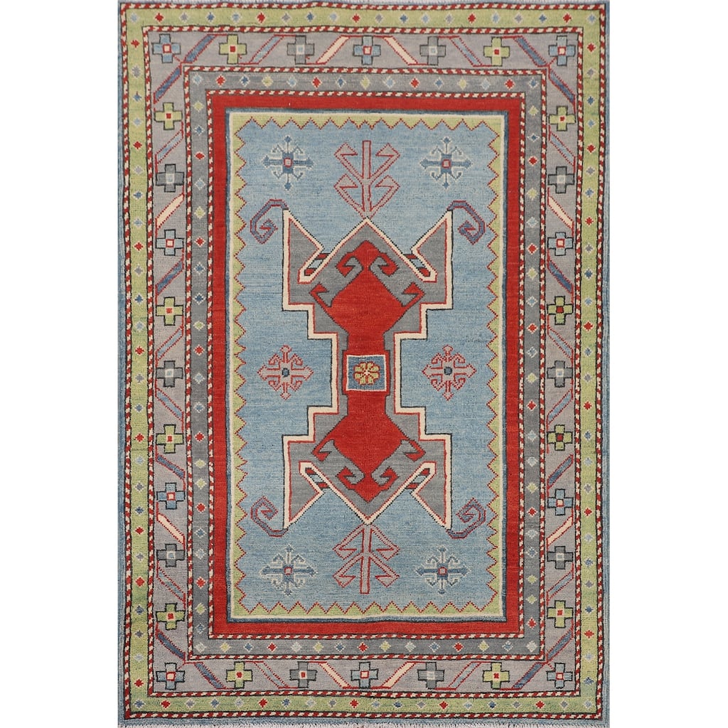 Light Blue Geometric Kazak Foyer Rug Hand-Knotted Wool Carpet - 3'6" x 5'3"