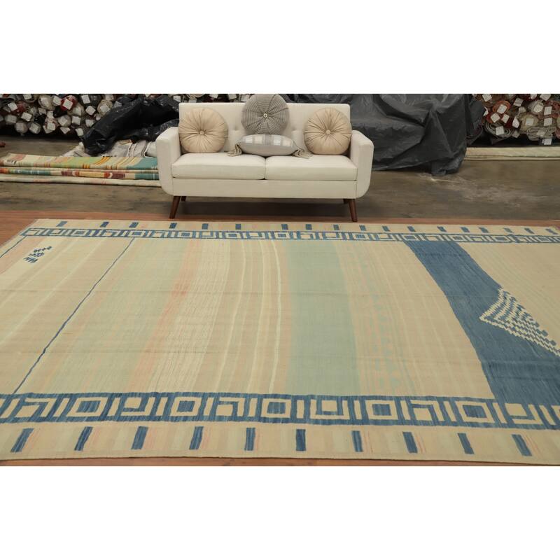 Hand Woven Oriental 100% Wool Carpet Southwestern Tribal Beige & Ivories Kilim Area Rug - 12' 11'' X 9' 11''
