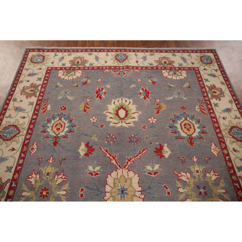 Gray Floral Oushak Oriental Area Rug Hand-Knotted Wool Carpet - 6'0" x 8'11"