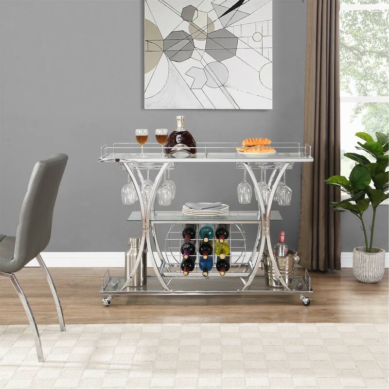 Serving Cart Glass Bar 3-Tier Metal Frame and Shelf