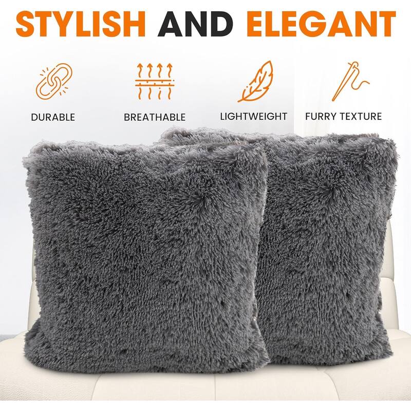 Cheer Collection Super Soft Shaggy Long Hair Throw Pillows Set of 2 Plush Accent Cushions