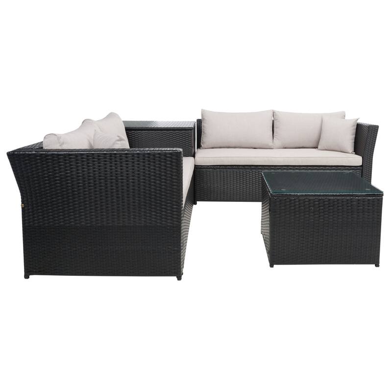 SAFAVIEH Helga Outdoor 4-Piece Conversation Patio Set with Storage - 57"W x 31"D x 26"H
