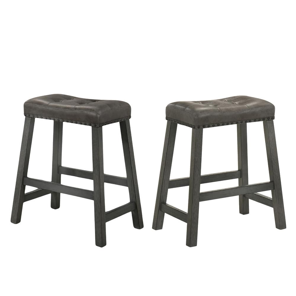 Rustic Backless Counter Stool Set Of 2-25 Inch Wooden Farmhouse Barstool With Leather Seat,Distressed Finish & Sturdy Frame