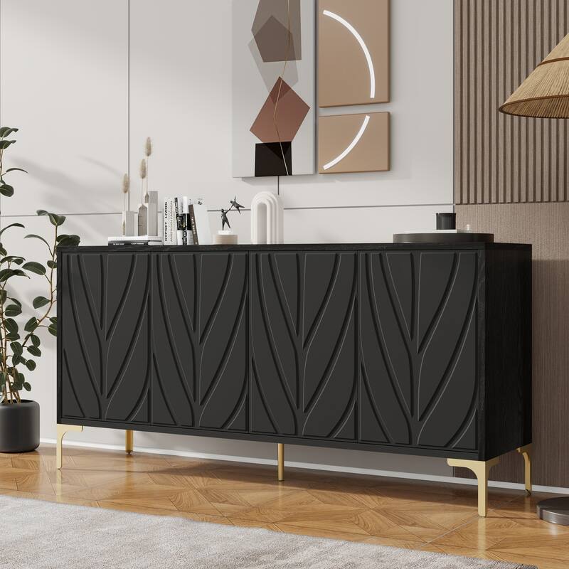 Modern Carved Sideboard Buffet Cabinet with Handleless Push-Open Design, for Living Room, Bedroom and Dining Room