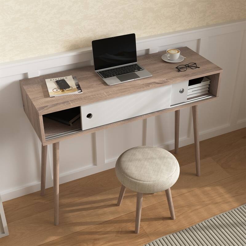 Console Table with 2 Carved Panel Drawers, Storage Space and Wood Legs