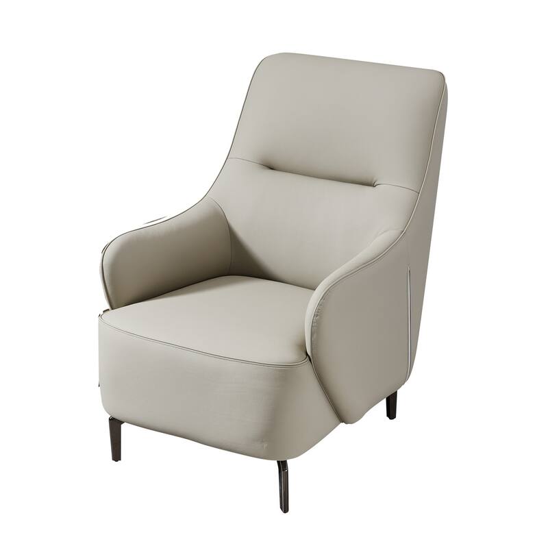 Lavy 34 Inch Accent Chair Armchair, Tall Back, Gray Real Leather Upholstery