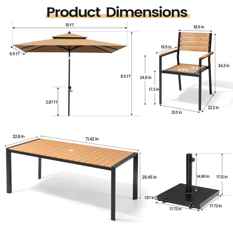 Set of 9 Outdoor Patio Dining Set WoodLike Aluminum Umbrella Hole Table with Stackable Armchairs, Double Top Market Umbrella Set