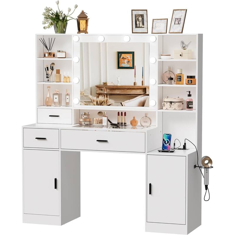 PAKASEPT Vanity Set with Lighted Mirror, Modern Makeup Vanity Dressing Table with 10 LED Bulbs & Power Outlet
