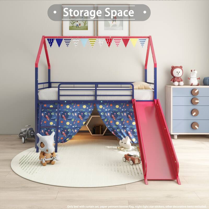 Metal Junior House Twin Loft Bed with Slide and Curtain Set and Pennant Banner Flag and Star Stickers