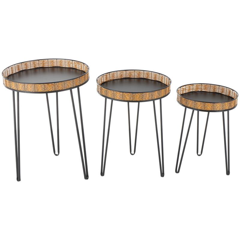 Black Metal Handmade Side End Accent Table with Rattan Edges Tabletops (Set of 3)