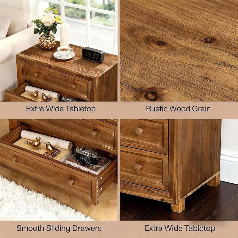 Solid Wood Nightstand with 3 Drawers, Mid-Century Modern Night Table for Bedroom, Easy Assembly