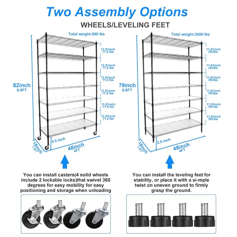 7 Tier Wire Shelving Unit Metal Garage Storage Shelves with Wheels