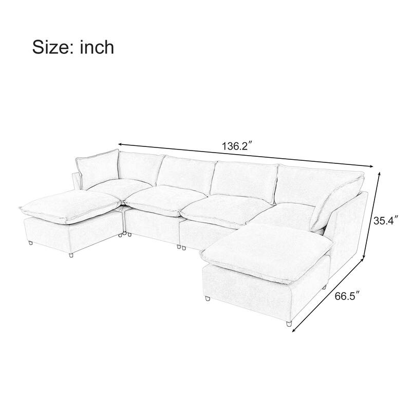 U-Shape Sectional Sofa Upholstered Couch with Removable Cushions and Solid Wood Frame, Modular Sofa 2 with Movable Ottoman