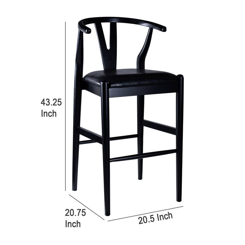 Cera Barstool Chair Set of 2, Rich Faux Leather Seat, Black Rubberwood