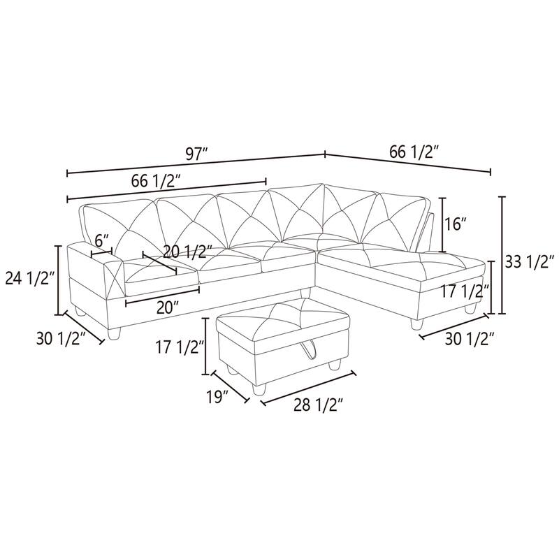 L-Shaped PU Leather Sofa & Chaise with Ottoman