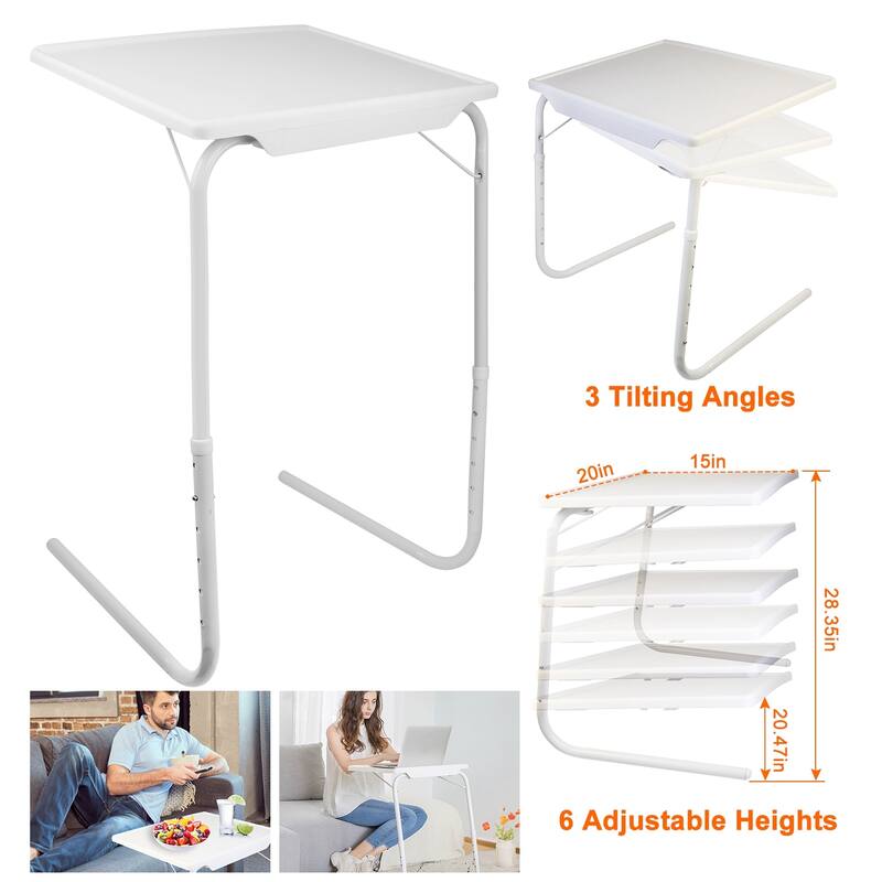 White Foldable TV Tray Table with Adjustable Angles and Lightweight Portable Desktop for Home