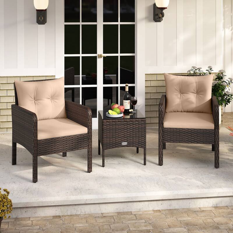 Gymax 3 PCS Patio PE Wicker Furniture Set w/Cushions & Tempered Glass