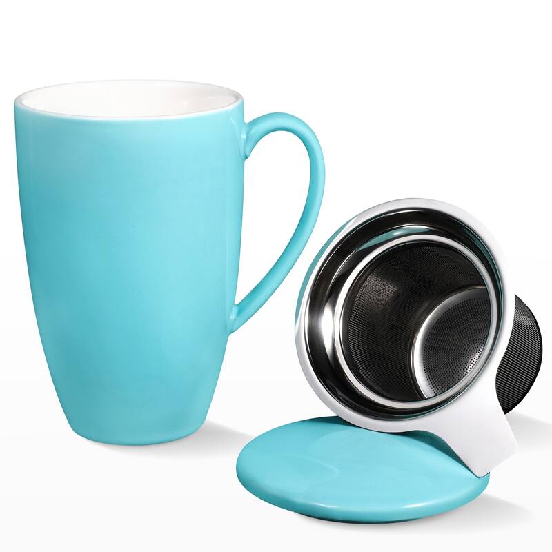 Porcelain Tea Mug with Infuser and Lid, 16 ounces - Turquoise