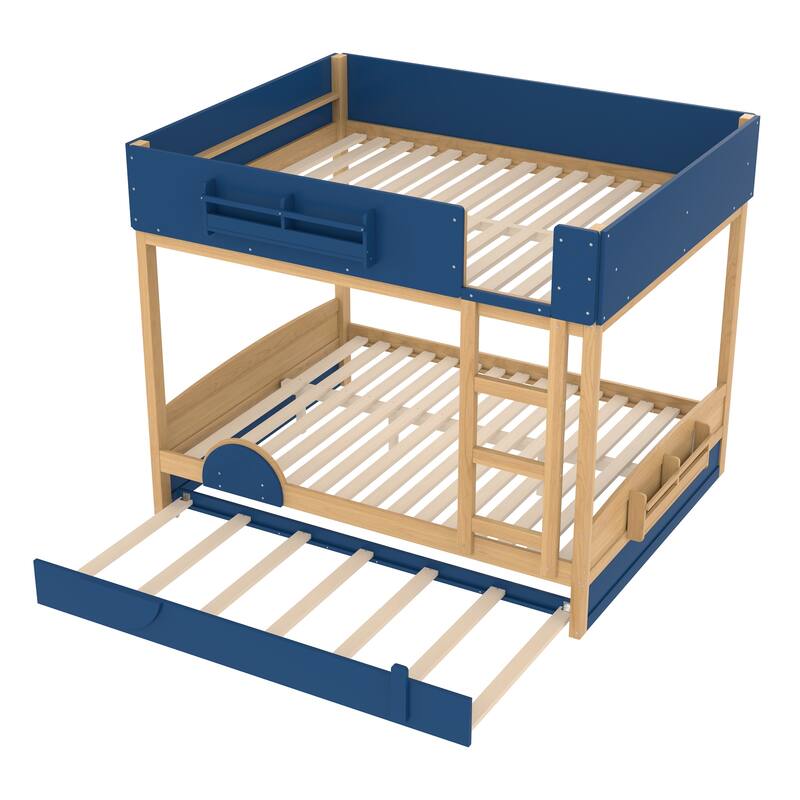 Kids Bed Wooden Bunk Bed with Trundle and Built-in Storage Bookshelves