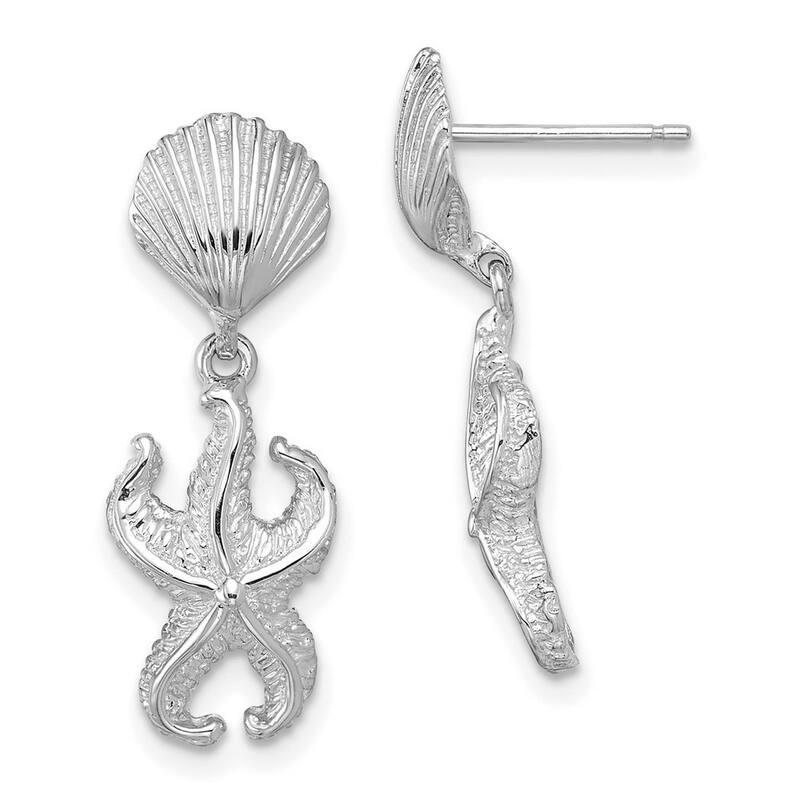 Curata 14k White Gold Shell and Starfish Double Drop Dangle Earrings 24.5x9.1mm