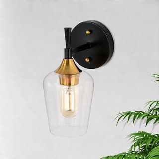 Black and Antique Brass 1-Light Indoor Wall Sconce with Clear Glass Shade