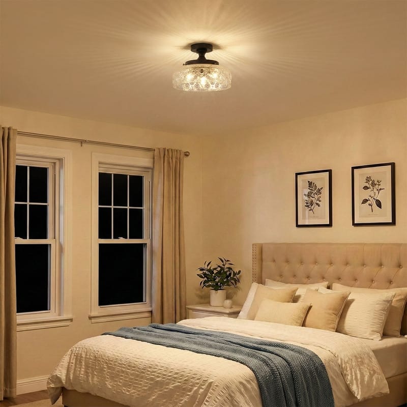 Modern Black Flush Mount Ceiling Light with Clear Glass Shade Iron Housing for Living Room Bedroom Hallway