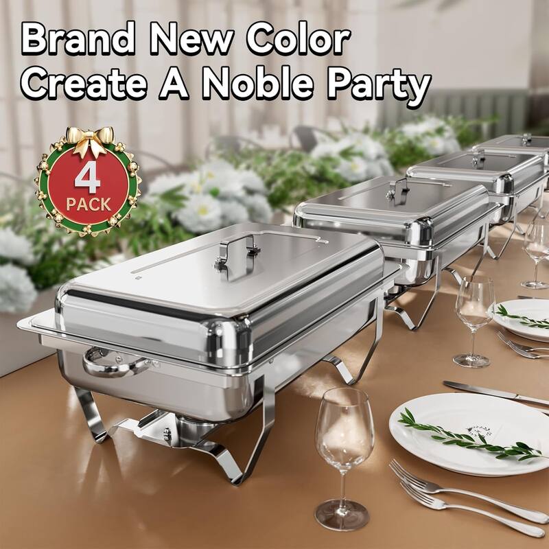 4 Pack Chafing Dish Buffet Set, 8QT Stainless Steel 1/2 Size Pan Chafing Dish, Chafers and Buffet Warmer Sets for Wedding