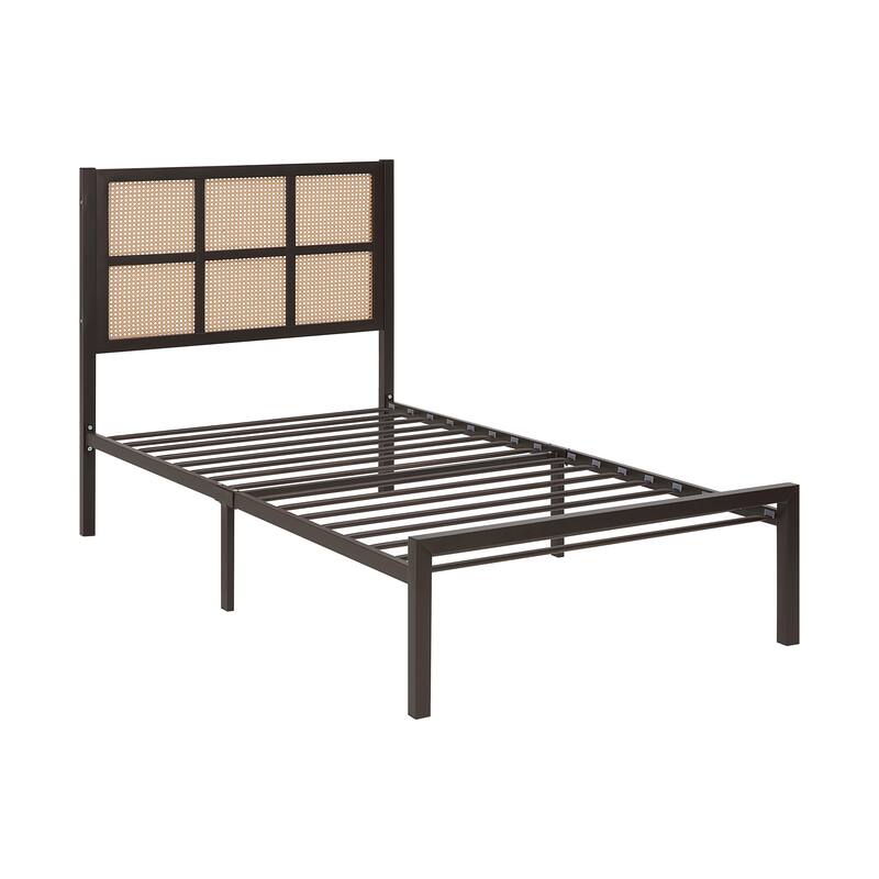 Queen/Full/King/Twin Platform Bed with Faux Cane Headboard, Metal Frame, and Coastal Design.