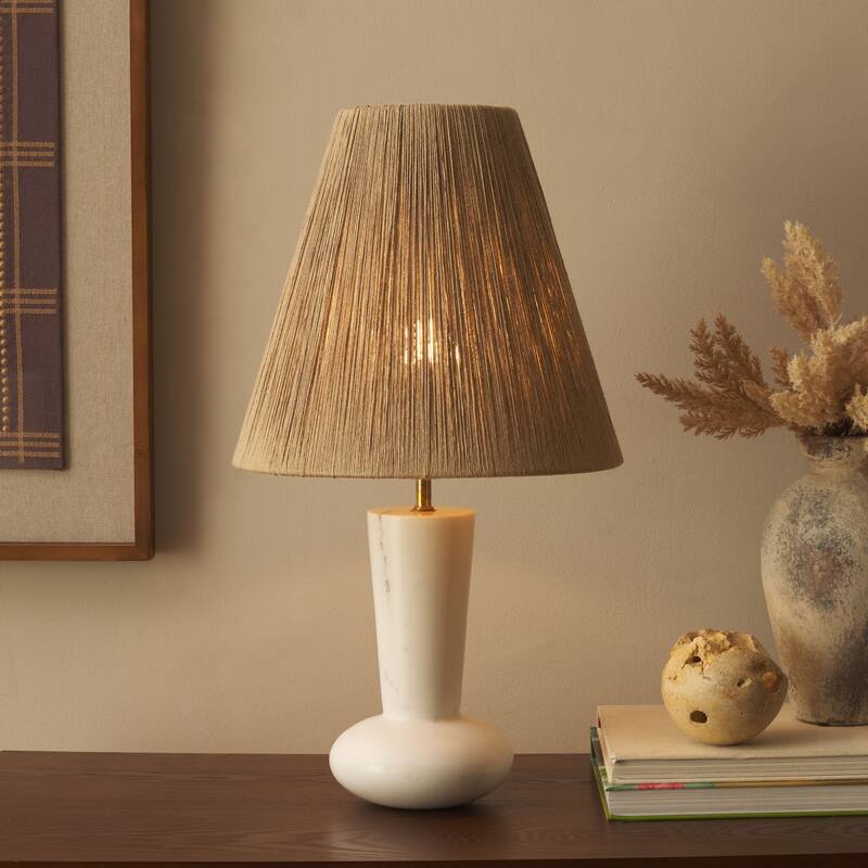 SAFAVIEH Lighting Andez Tropical Table Lamp 22-Inch Marble Base with Sisal Shade - 12"W x 12"D x 22"H - White Marble