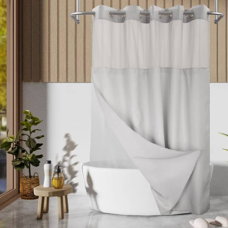 No Hook Slub Linen Texture Shower Curtain with PEVA Snap-in Liner