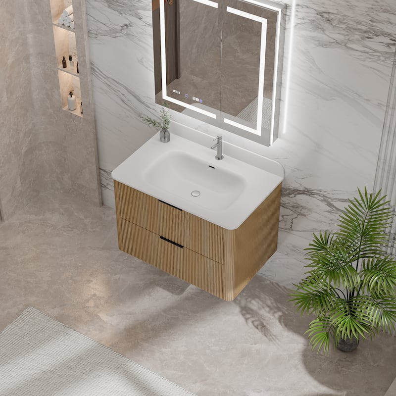 Modland Fluted Floating Vanity with Sink, Plywood Wall Mount Cabinet, Curved Edge, 24/30/36 Inch