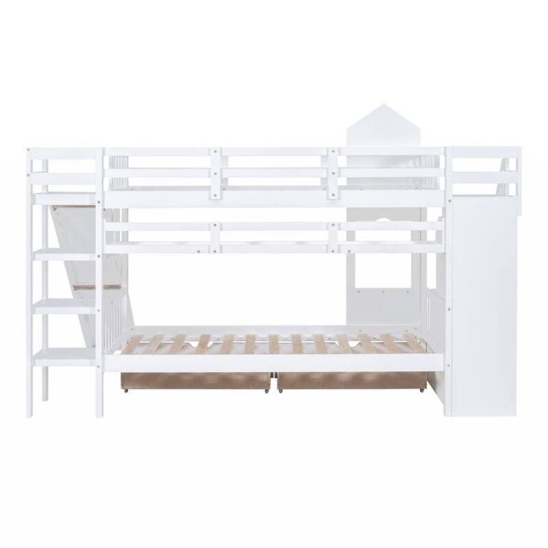 Twin-Over-Twin Castle Style Bunk Bed with 2 Drawers 3 Shelves and Slide