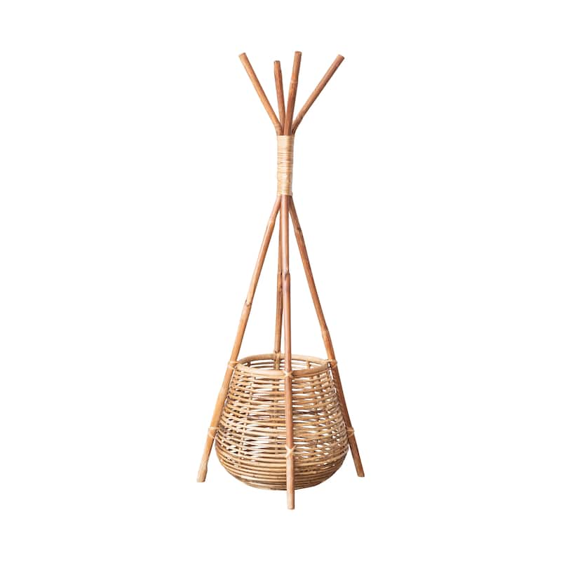 Rattan Coat Rack with Basket - 17.0"L x 17.0"W x 60.0"H - Natural - 17.0"L x 17.0"W x 60.0"H