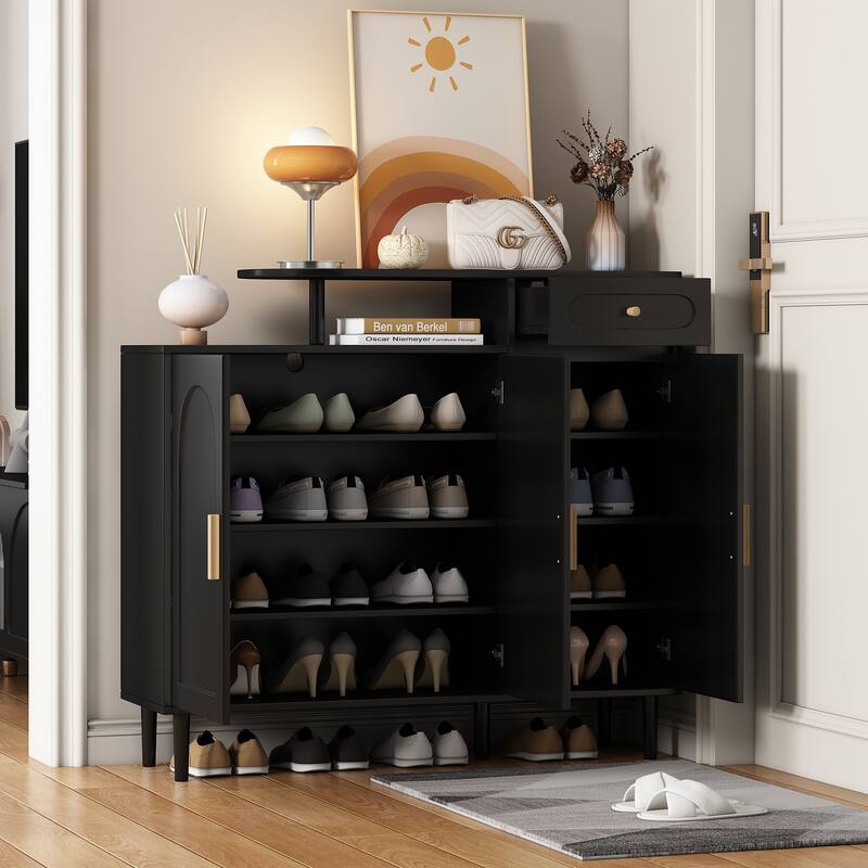 Elegant Shoe Cabinet with Arched Doors and Drawer, Cream Style Storage Sideboard with Adjustable Shelves and Solid Wood Legs