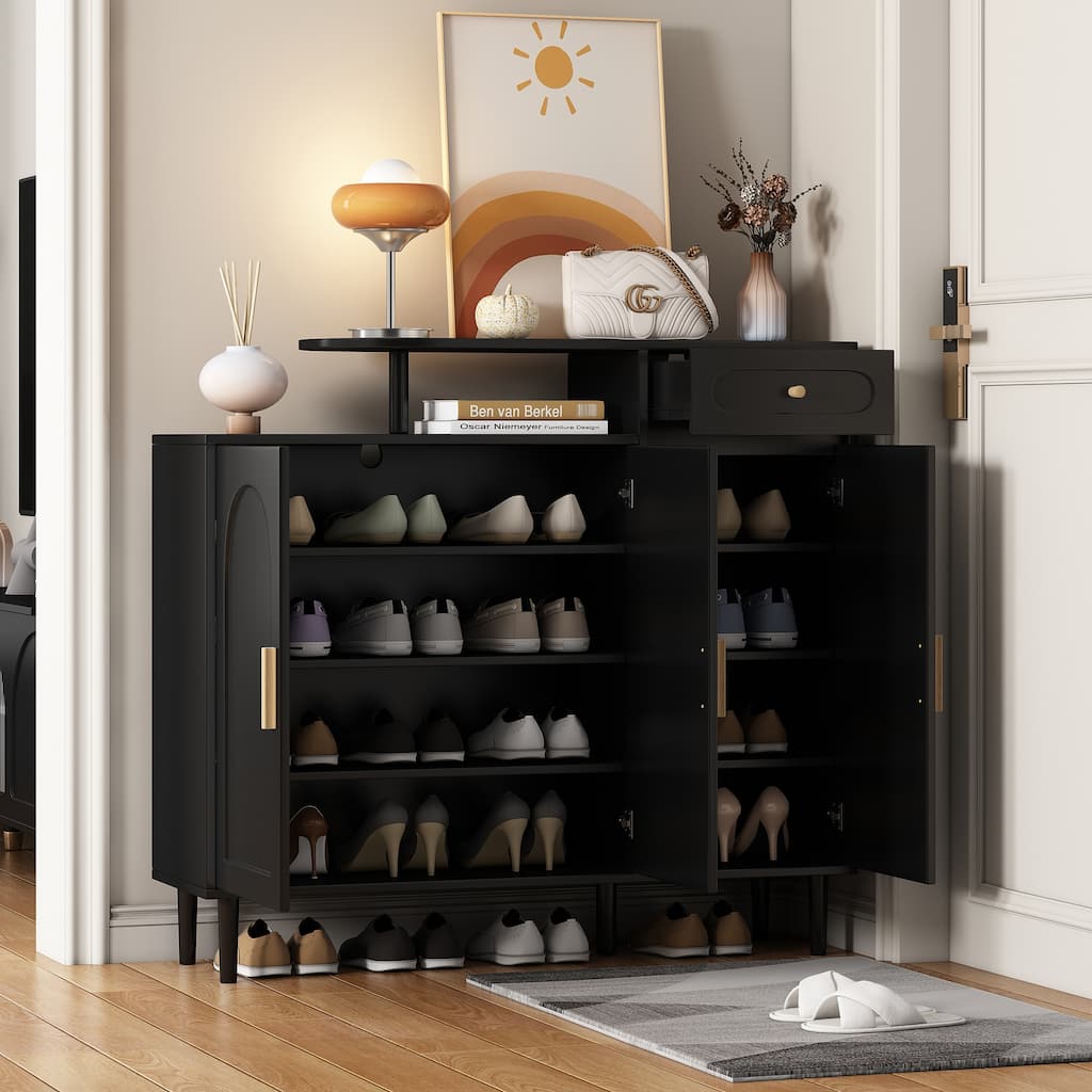 Modern Shoe Storage Cabinet with Arched Doors, Drawer, and Adjustable Shelves for Home