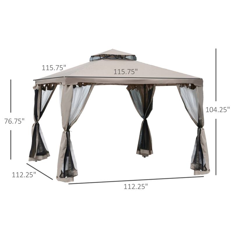 9.6' x 9.6' Outdoor Patio Gazebo with 2-Tier Roof, Netting, and Steel Frame for Garden, Lawn, and Deck