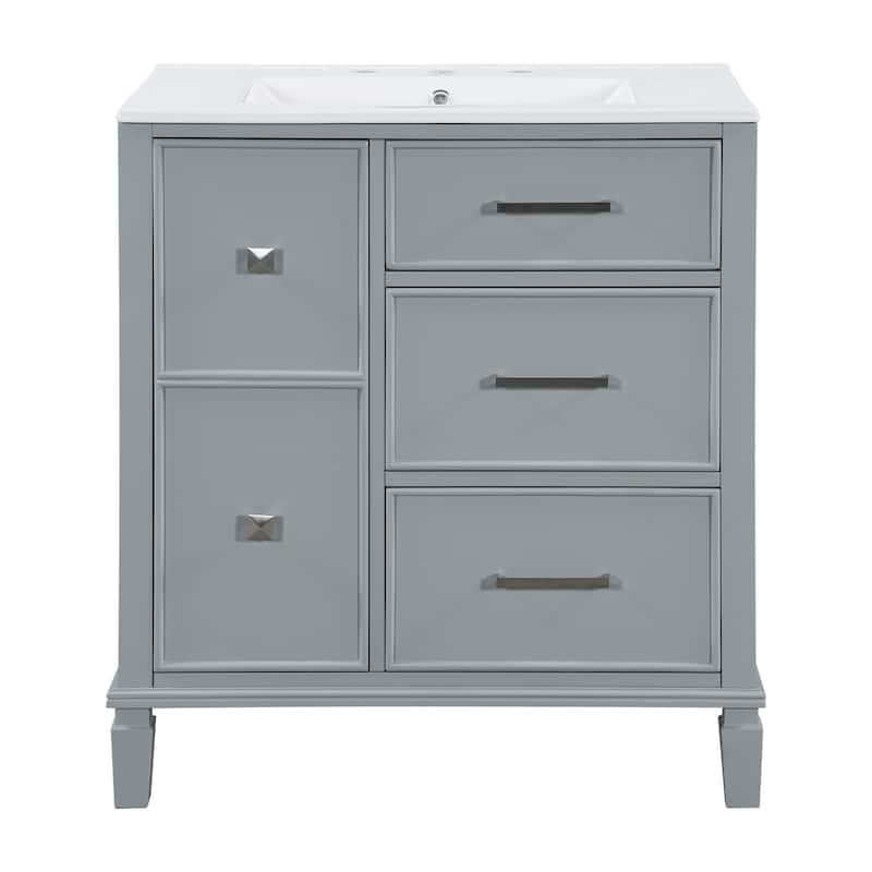30 Inch Bathroom Vanity with Ceramic Sink, Flip-Out Drawer Design for Plumbing - Grey