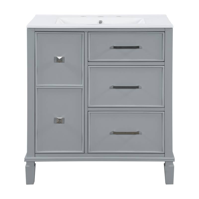 Roomfitters 30" Bathroom Vanity with Ceramic Sink Flip-Out Drawer for Plumbing Solid Wood Legs and MDF Cabinet