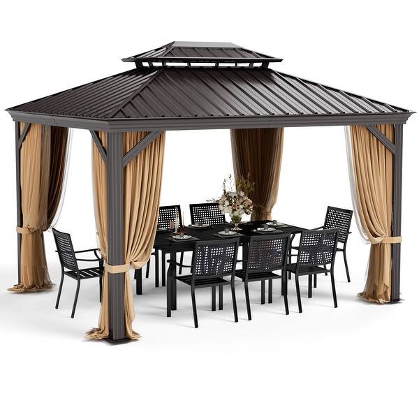 slide 12 of 11, 10' x 12' Hardtop Aluminum Permanent Gazebo Canopy with Netting & Curtains - 12X10ft brown