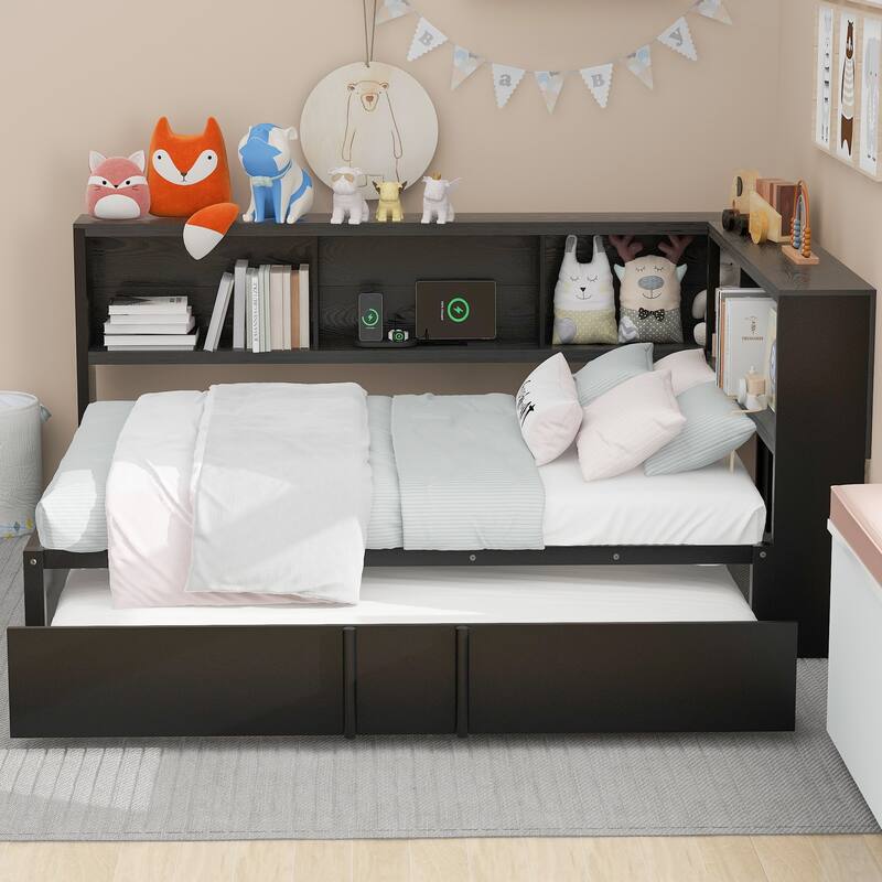 Full Size Metal Daybed with Trundle, Storage Cabinets, and USB Ports in Black