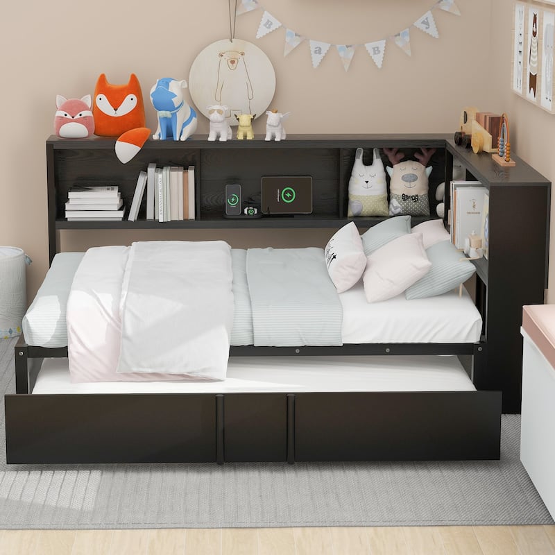 Roomfitters Metal Full Size Daybed with Trundle, Storage Cabinets and USB Port Charging Hub