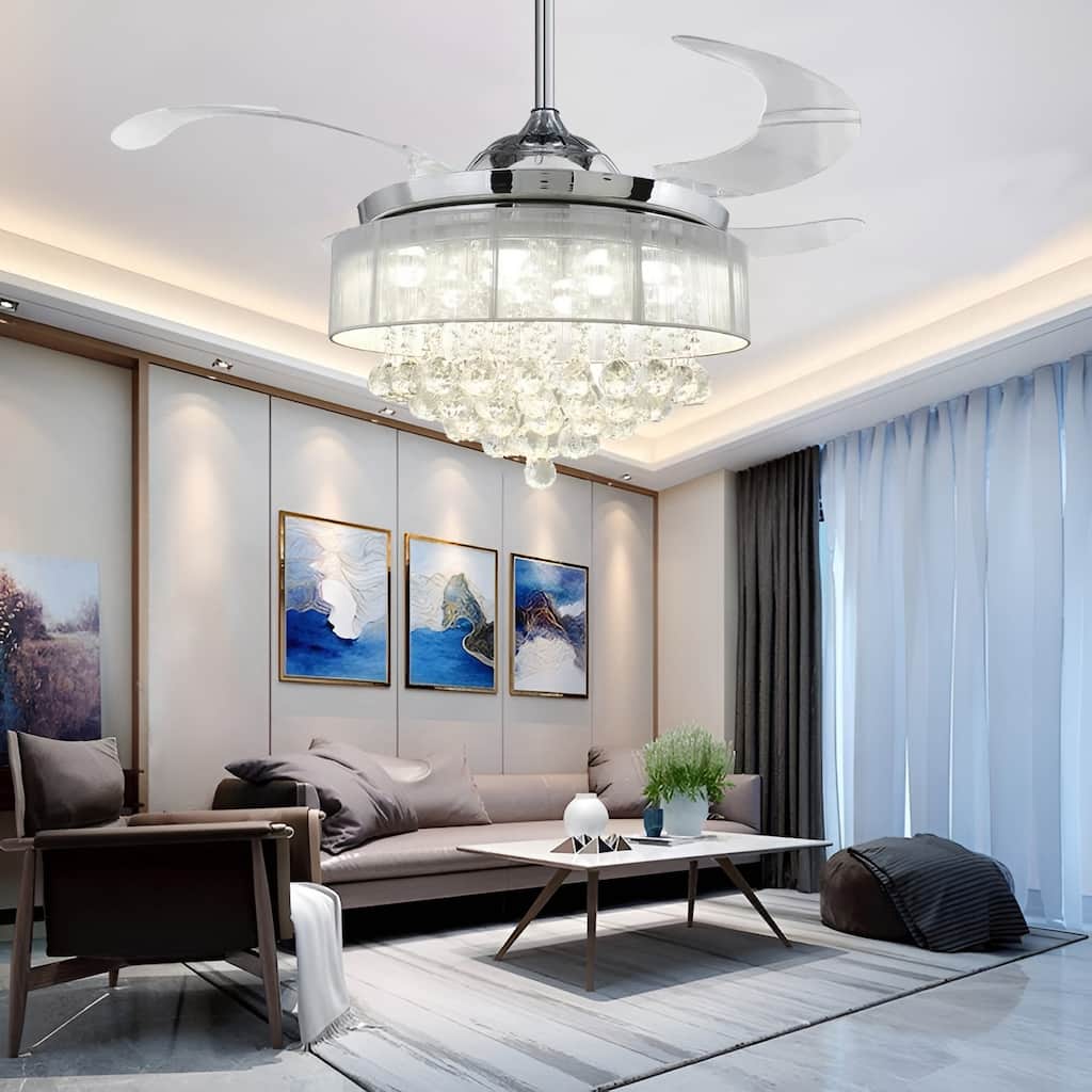 42 - Inch Retractable Blades LED Ceiling Fan, Crystal Ring Shade Comes with Remote