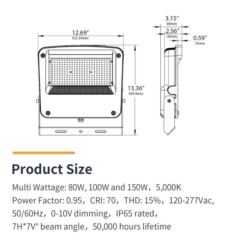 Outdoor LED Floodlight, IP65 Rated Waterproof Light, 5000K Daylight, 80/100/150W Wattage Selectable, UL Listed, 1 Pack - 12.69